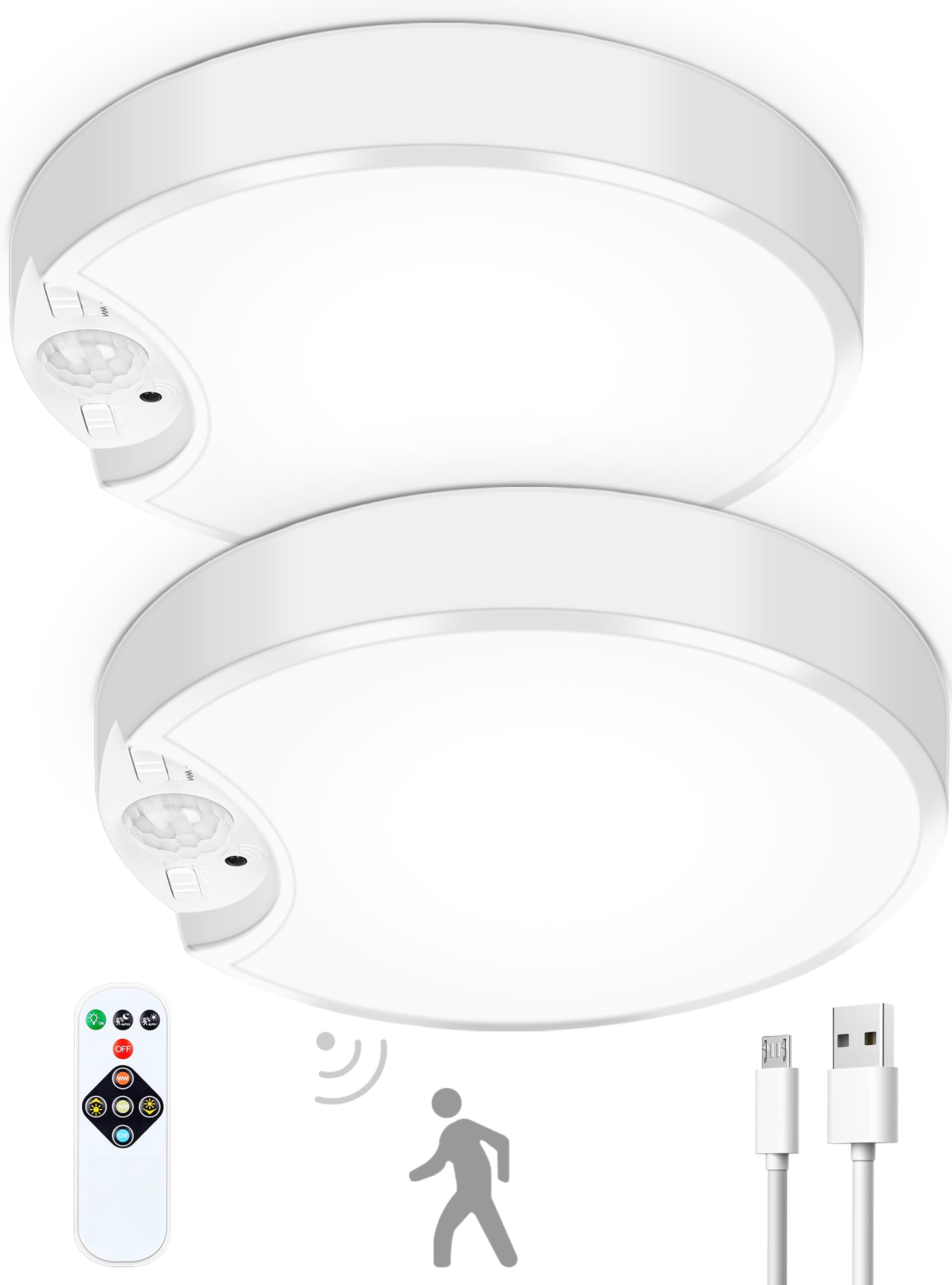 Molrebe Motion Sensor Ceiling Light, 2 Pack Rechargeable Battery Powered LED Ceiling Light Indoor/Outdoor, 3-in-1 Color Temperatures, Closet Light for Bathroom Closet Stairs Porch Hallway Pantry Wall