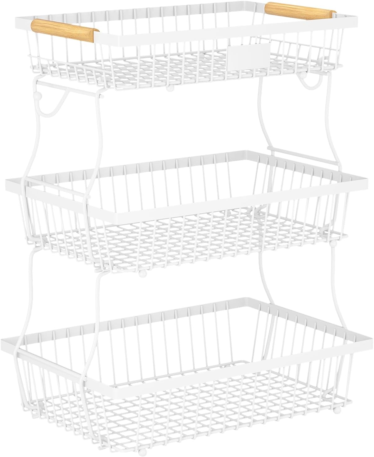 3 Tier Fruit Basket for Kitchen Counter with 2 Banana Hangers, Countertop Metal Fruit Bowl with Wooden Handle, Large Storage Stand for Vegetables, Snacks, Breads, Produce Storage – White