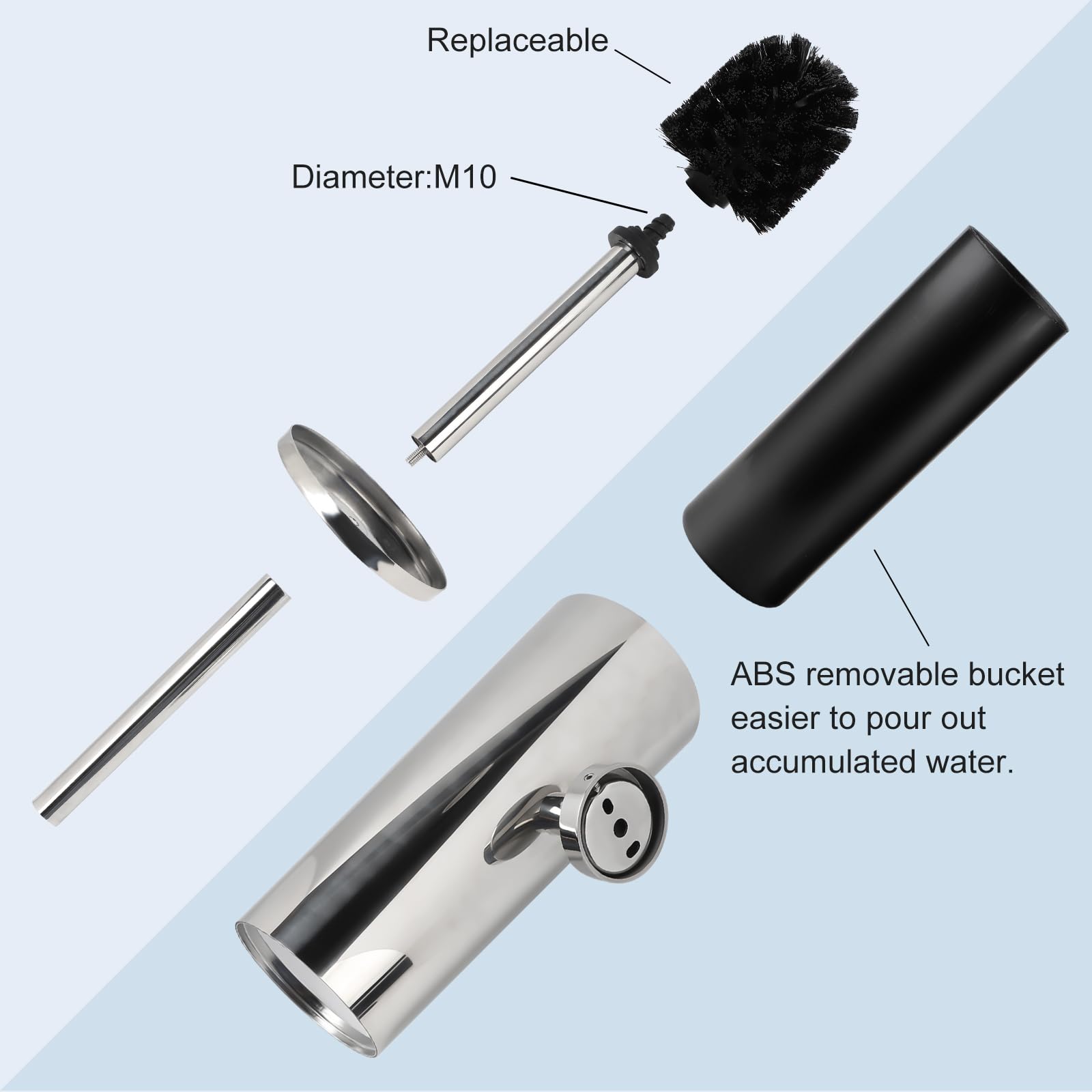 EXLECO Roestvrijstalen toiletborstel, wc-borstel met reserveborstel, wateropvangbak, wc-borstel en houder, set, wandmontage, staand met deksel, lange steel, badkameraccessoires, wc-set, mat zwart