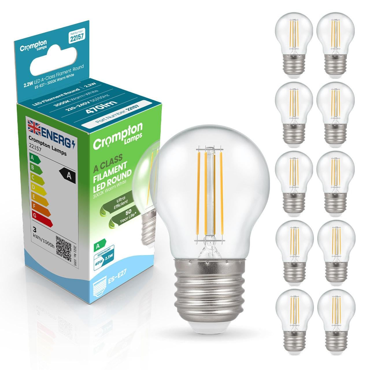 Crompton Lamps LED Ultra-Efficient Golfball 2.2W ES-E27 A-Class (10 Pack) (40W Equivalent) 3000K Warm White Clear 470lm ES Screw E27 Round Energy Efficient Filament A-Rated Multipack Light Bulbs