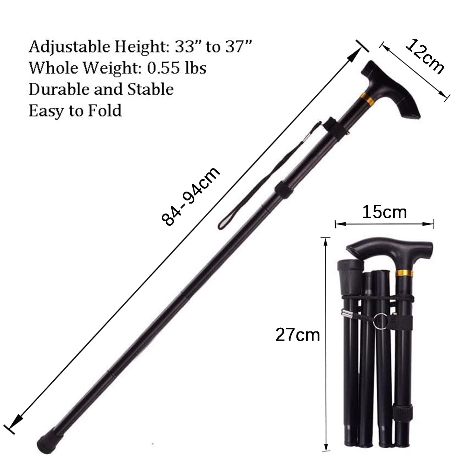 Bastón Plegable en Negro - Portátil - Totalmente Ajustable - Ligero - Bastón de Aluminio Bastón de Senderismo con luz LED - Pie Antideslizante Hermoso Paisaje