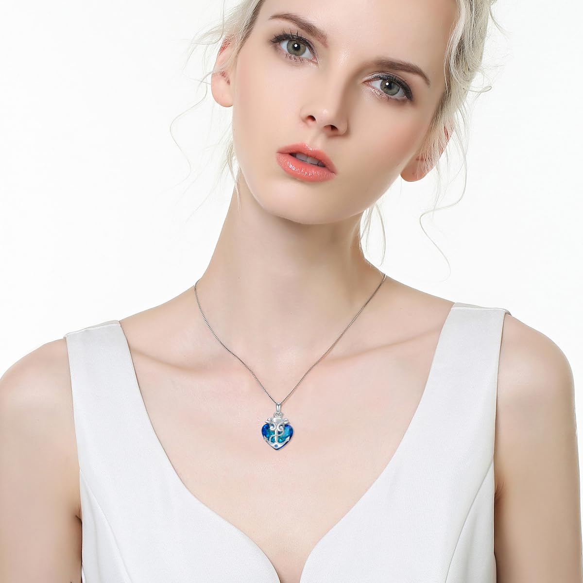 YAFEINI Anker Halskette für Damen 925 Sterling Silber Blau Ozean Herz Nautische Anhänger Kette Kristall Schmuck Geschenk für Mädchen Mutter Tochter