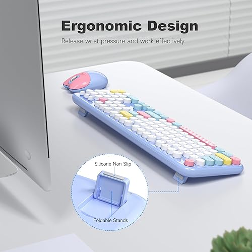 Miniatura 4 de Combo de teclado y mouse inalámbricos retro, teclado de máquina de escribir de oficina de tamaño completo con teclas redondas coloridas, mouse