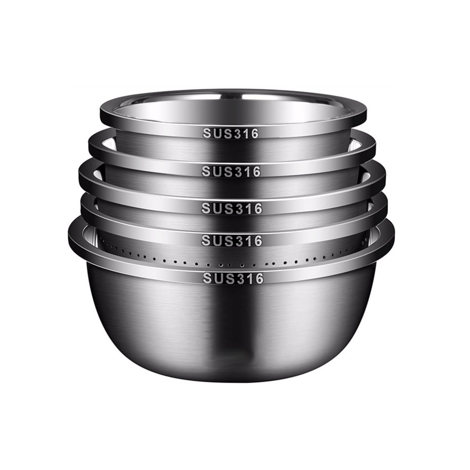 CambOs 316 Stainless Steel Mixing Bowls Pots Pans Salad Bowls 5 Piece Set Cooking Baking Nesting Storage Bowls Soup Bowls Barbecue Serving Trays Diameter 24-32cm