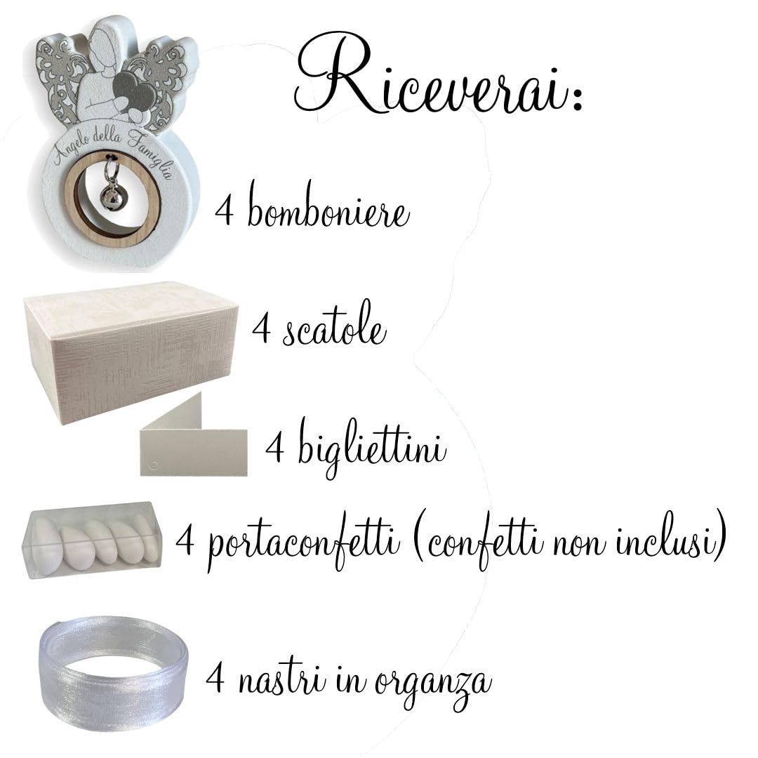 Regalami.Shop Set 4 bomboniere Angelo in Marmo di Carrara e Legno cm 11,5x7 comleto di Tutto (4 Pezzi fam)