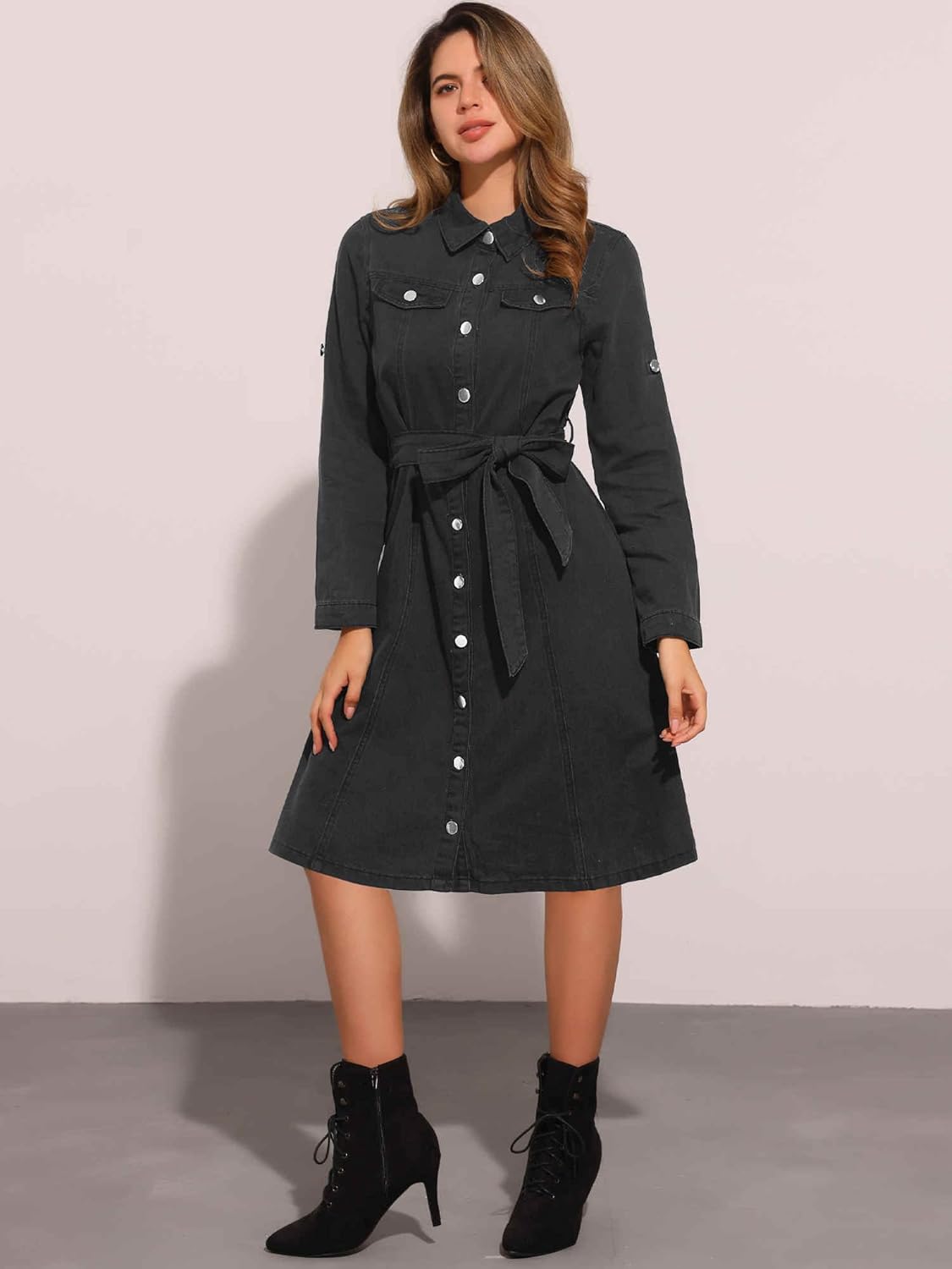 Allegra K Denim Dress for Women's Long Sleeve Button Down A-Line Belted Classic Jean Dresses - Image 3