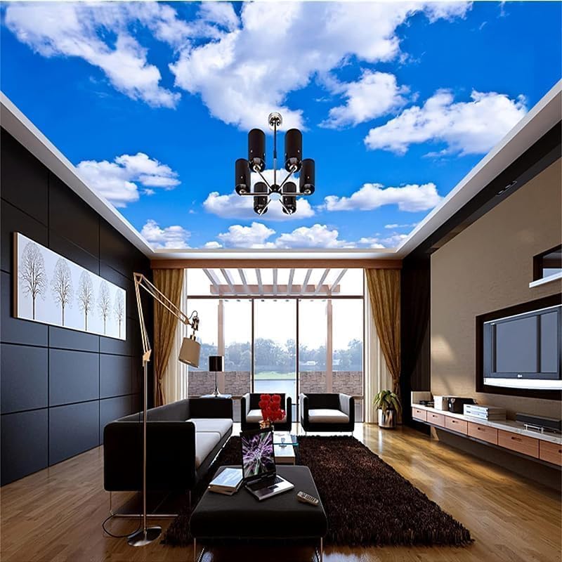 Custom Blue Sky Ceiling 3D Wall Mural White Clouds Wallpaper Girls Kids Room Living Room Wall Mural 78"（W） x 55"（H）