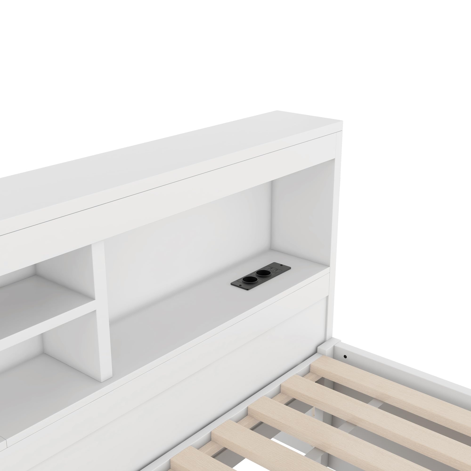 Soweiz Sofá cama, cama de día, iluminación ambiental teledirigida, compartimento de almacenamiento lateral de la cama, cama extraíble, enchufe + USB, sin colchón, camas para niños y niñas (blanco, 90