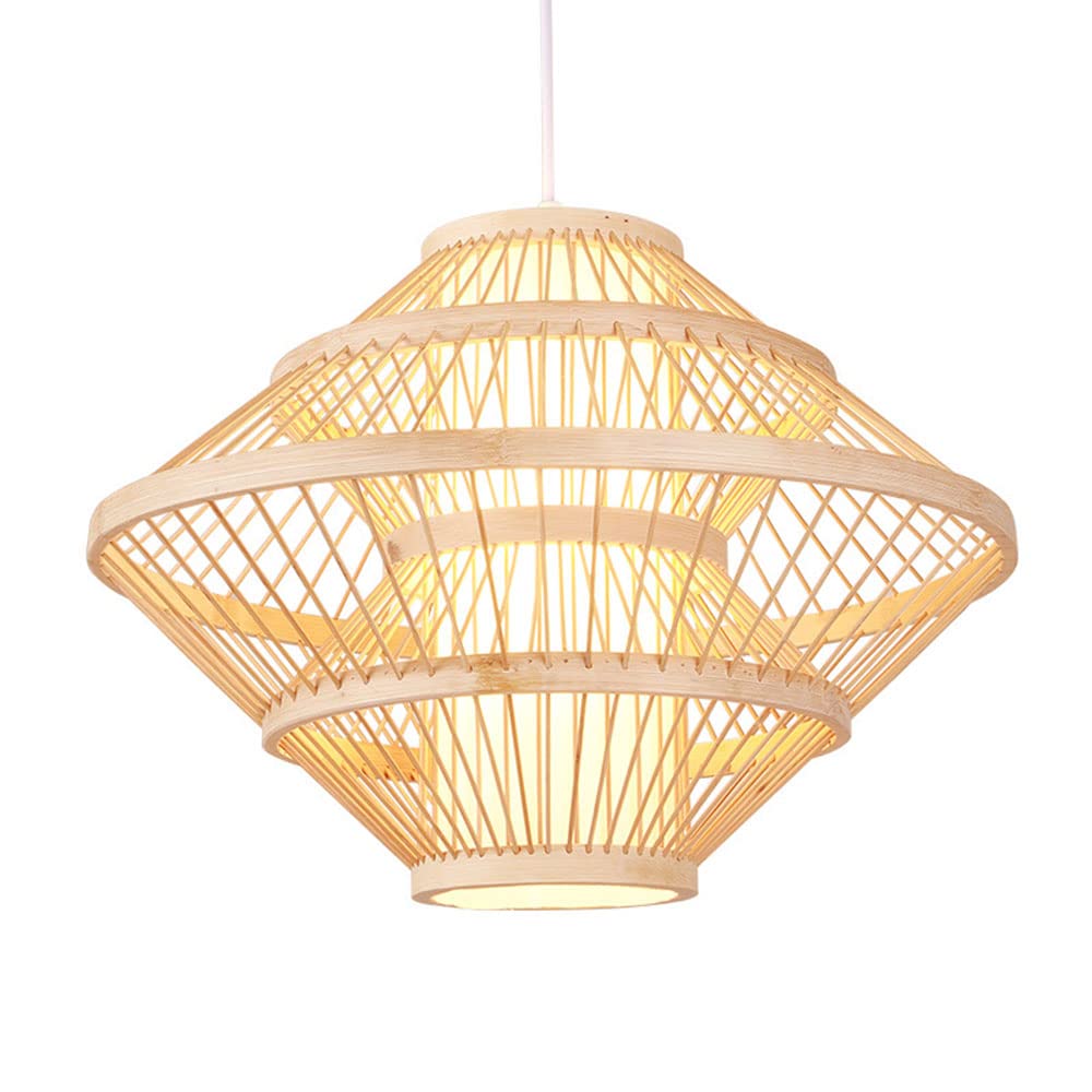 LYMSXAZOU 1-Pack Wicker Wooden Lampshade Bamboo Cage Pendant Light Bohemian Modern Rattan Basket Lamp E27 Lighting Fixture,Natural Woven Ceiling Compatible with Foyer, Kitchen Dining Room,