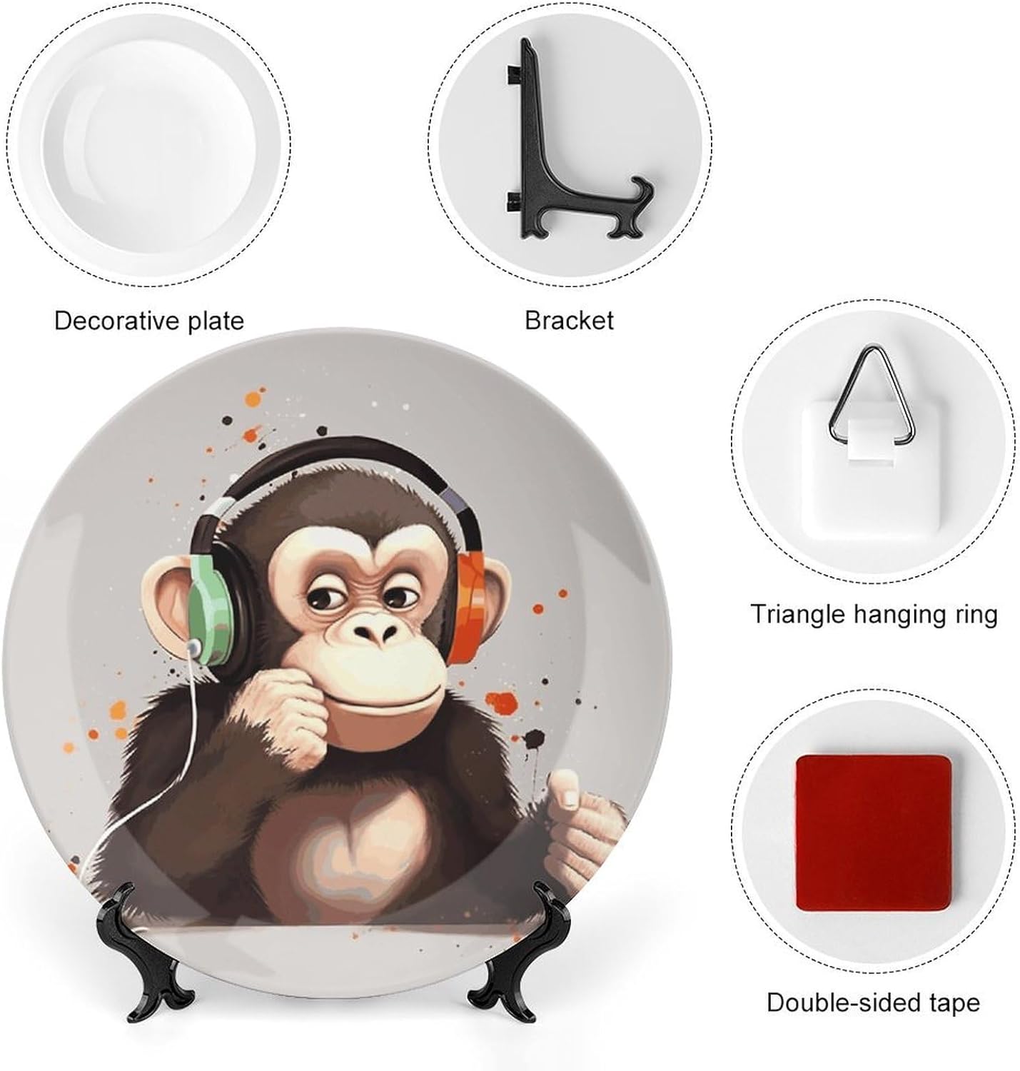 Music Monkey Ceramic Plate 10inch Decorative Bone China Wall Hanging Ornament Plates Bohemian Style Dinner Plate with Display Stand Cabinet Display Plates for Home Art Decor