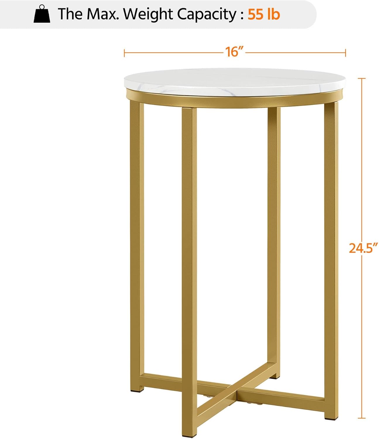 Yaheetech Faux Marble Side Table, 16in Modern Accent Sofa Table, Round Tabletop, Sturdy Metal Legs for Living Room, Mustard Gold