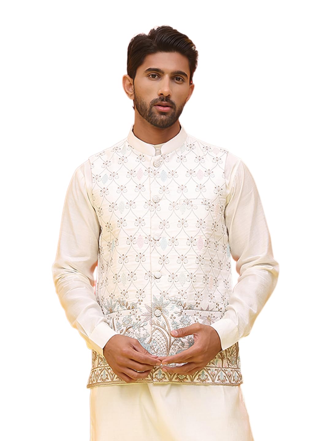 jompers White Embroidered Silk Blend Nehru Jacket for Men (White, XL)-picture-40