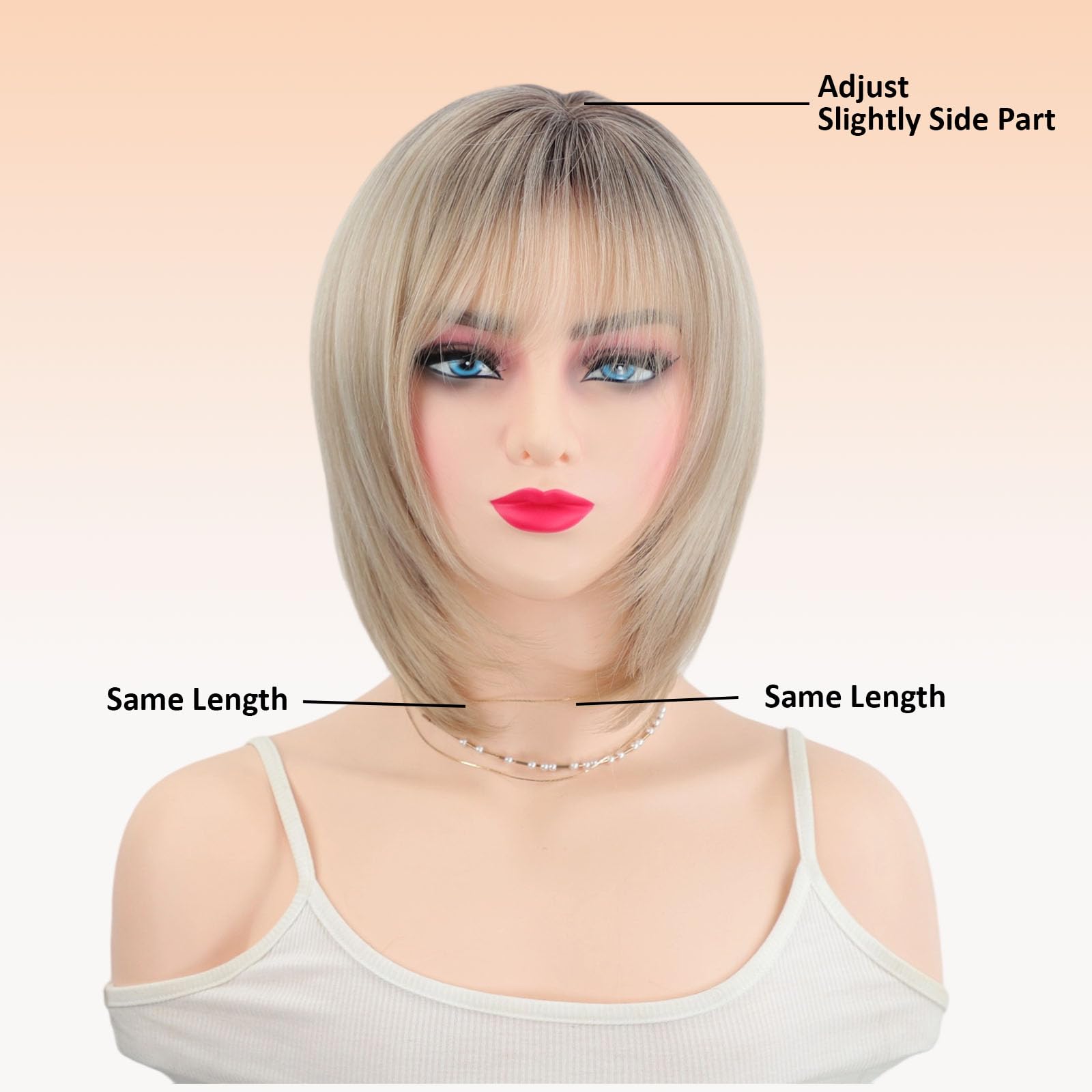 Perruque Femme Naturelle Perruque Bob Dégradée Court avec Frange Volume et Style pour Quinquagénaires Grand-mère Couvre Cheveux Blancs Perruques Synthétique Naturels Blond Clair Ombré