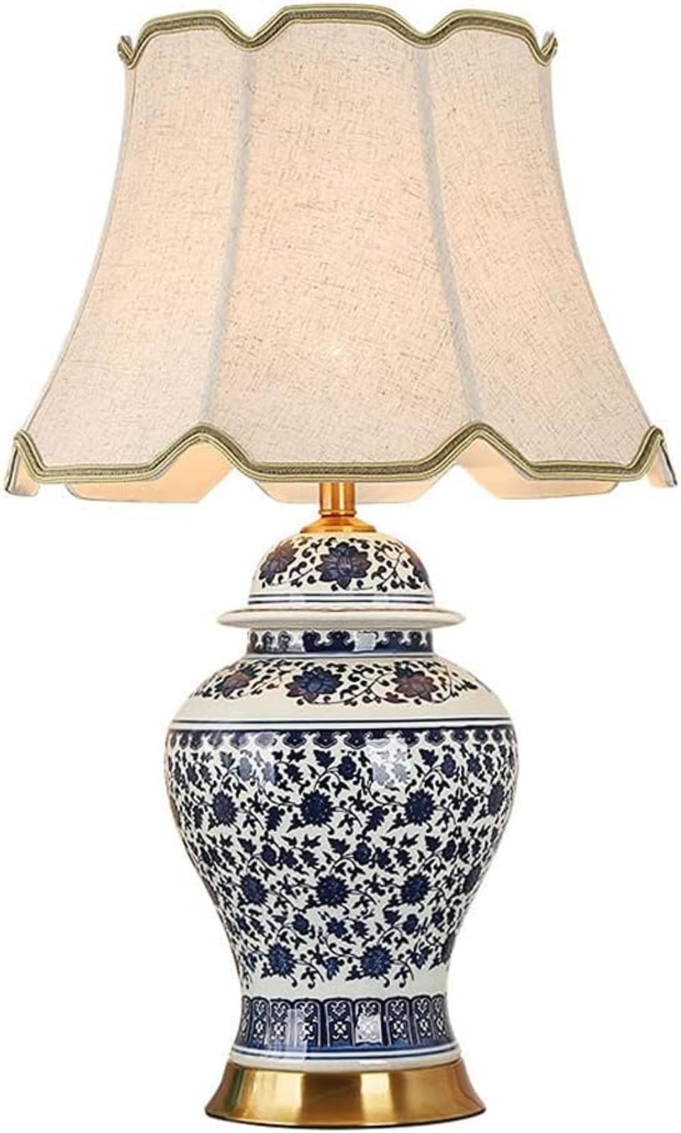 Niebieska i biała porcelanowa lampa stołowa z kloszem lnianym
