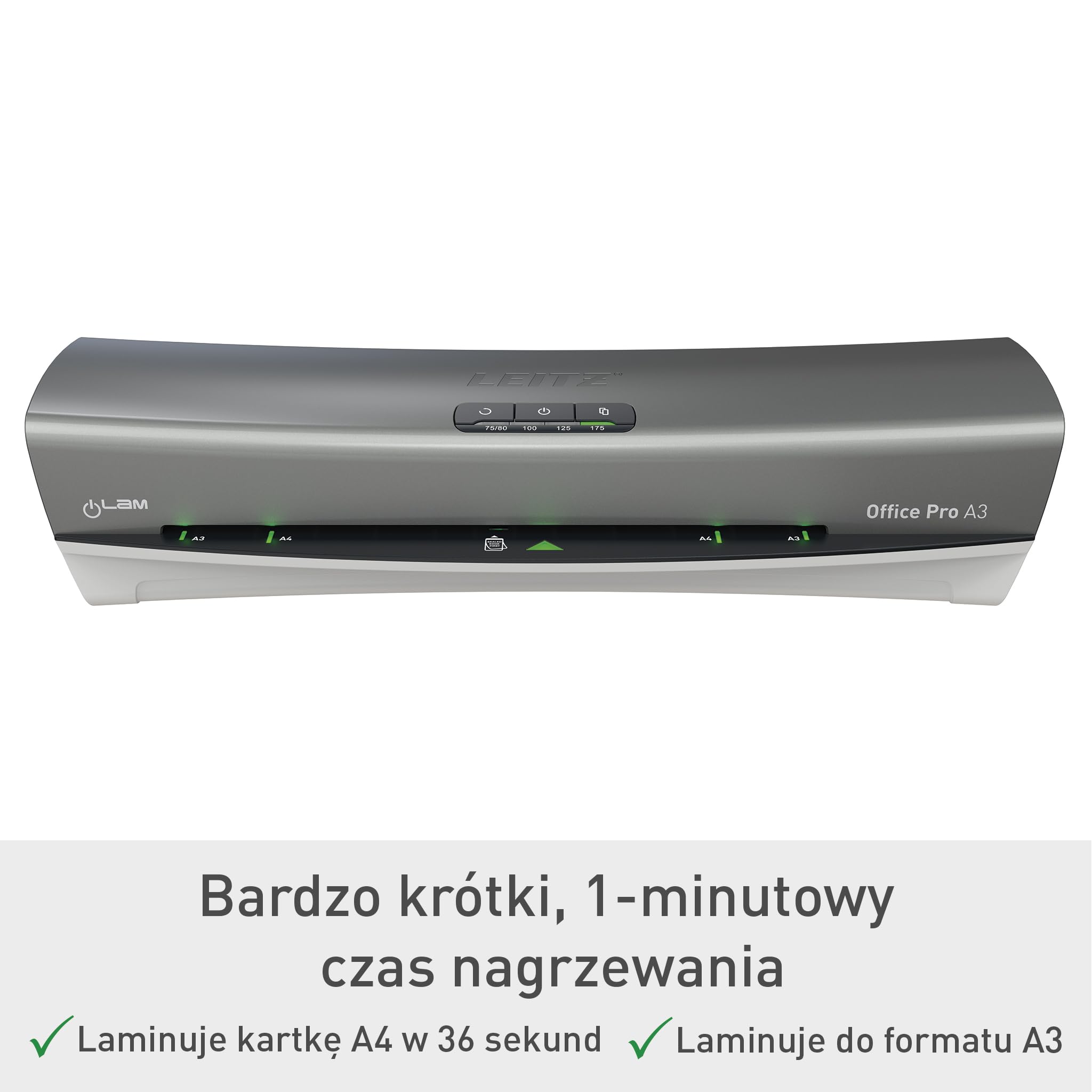 Leitz iLAM Office Pro A3 Laminator, nagrzewanie 1 min, 75–125 mikronów, LED, prowadzenie wlotu, antyzacięcie, auto‑off, 5× A4 w zestawie, szary/biały (75180084)