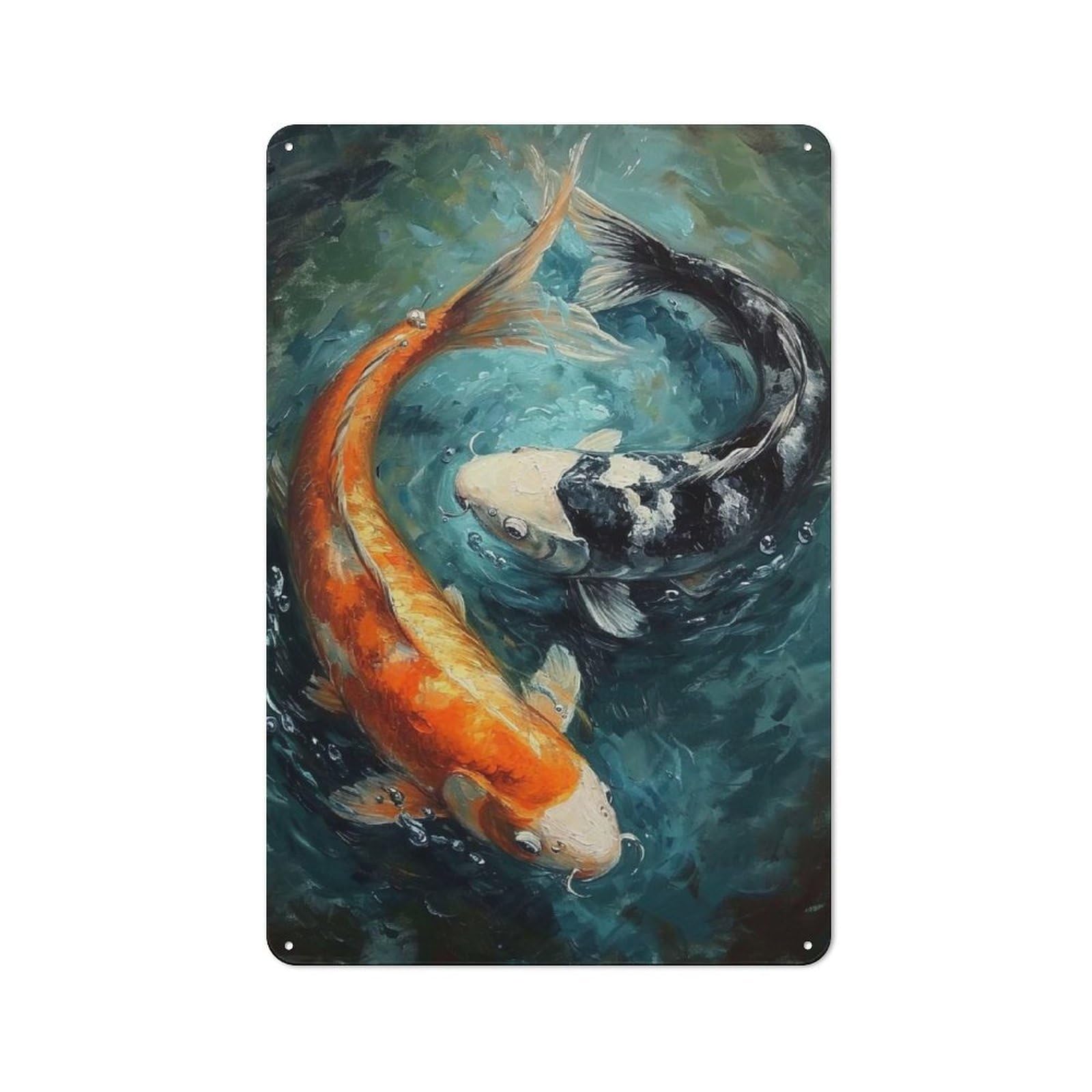 Junmoney Koi Fish Painting Vintage Tin Sign 30X20cm Featuring For Workshop Wall, Gift For Metal Sign Collectors During The Christmas Season