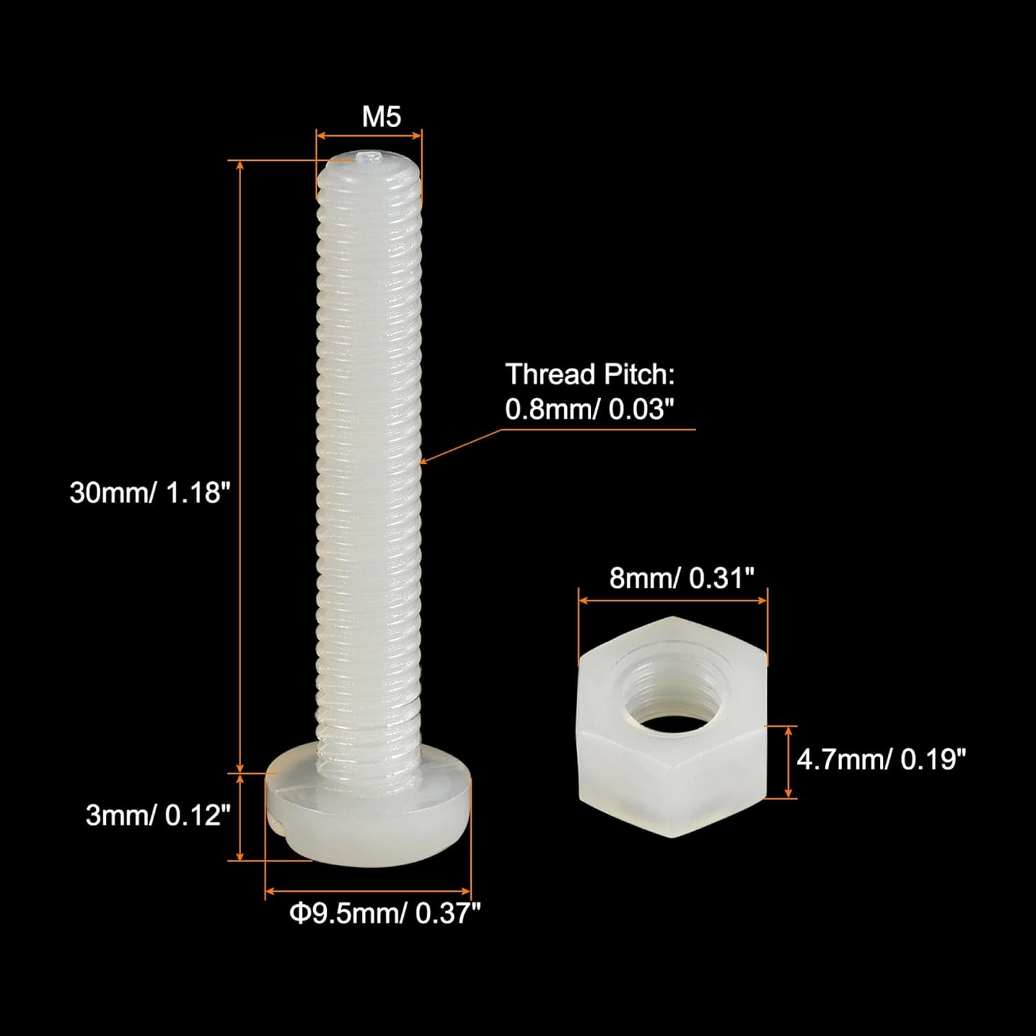 uxcell 20 Pairs Nylon Screw Nut Assortment, M5x30mm Slotted Pan Head Screws & M5 Hex Nuts for Machinery, Electronics, White