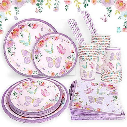 Butterfly Birthday Party Supplies Girl Decorations Plate Set for 25Guests, Purple Plates Napkins Cups and Straws Disposable Tableware Set