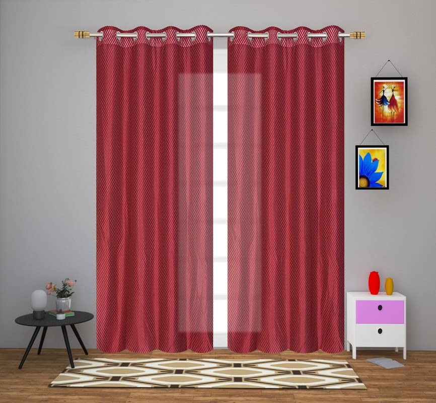 Image of Exporthub Set of 2 Piece Fancy Sparkling Zig Zag Design Maroon Color Heavy Quality Sheer Strip Semi-Transparent Net Curtains - Long Door - 9 feet Long Living Room and Bedroom (EHSPR267 94)