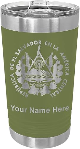 Miniatura 6 de LaserGram 16oz Vacuum Insulated Pint Tumbler, Flag of El Salvador, Personalized Engraving Included (Black)