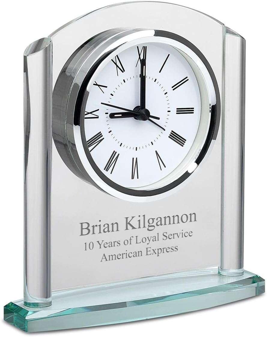 Executive Gift Shoppe | Arched Glass Personalized Desk Clock with Silver Accents and Custom Engraving