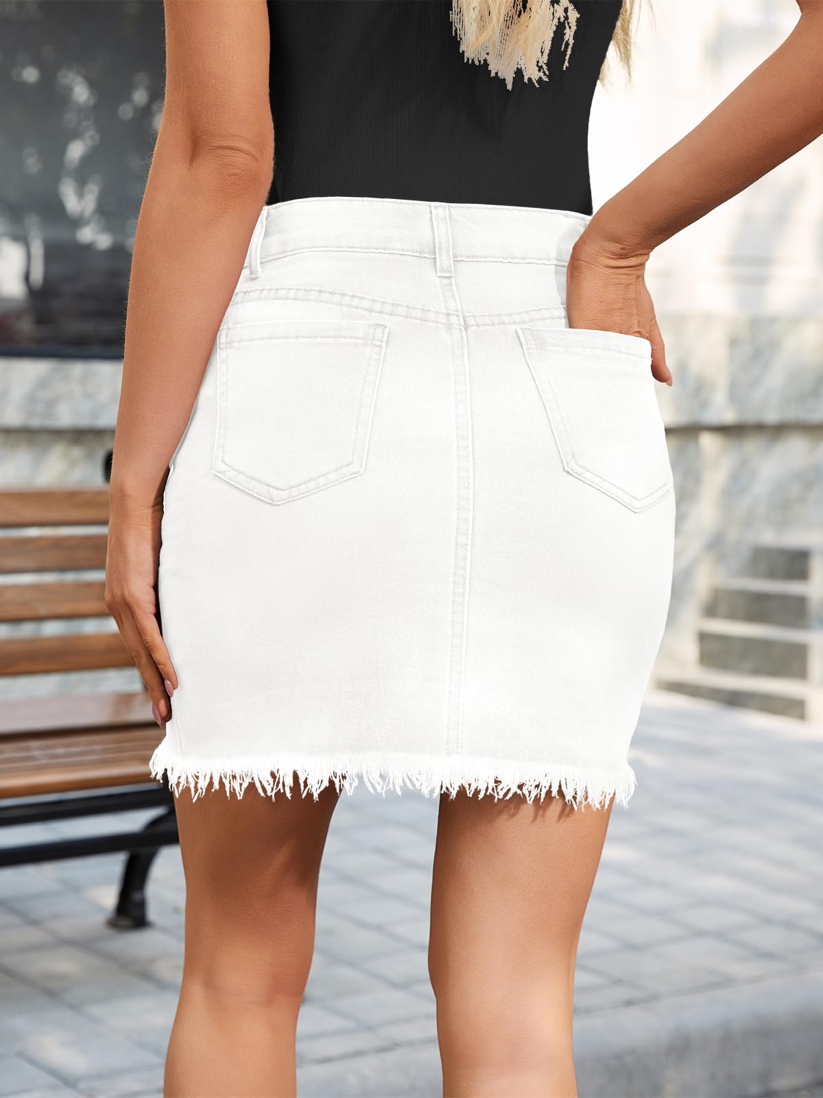 Alaster Queen Damen-Jeans-Minirock, Stretch, zerrissen, hohe Taille, figurbetont, kurze Taschen, Jeansröcke für Frauen