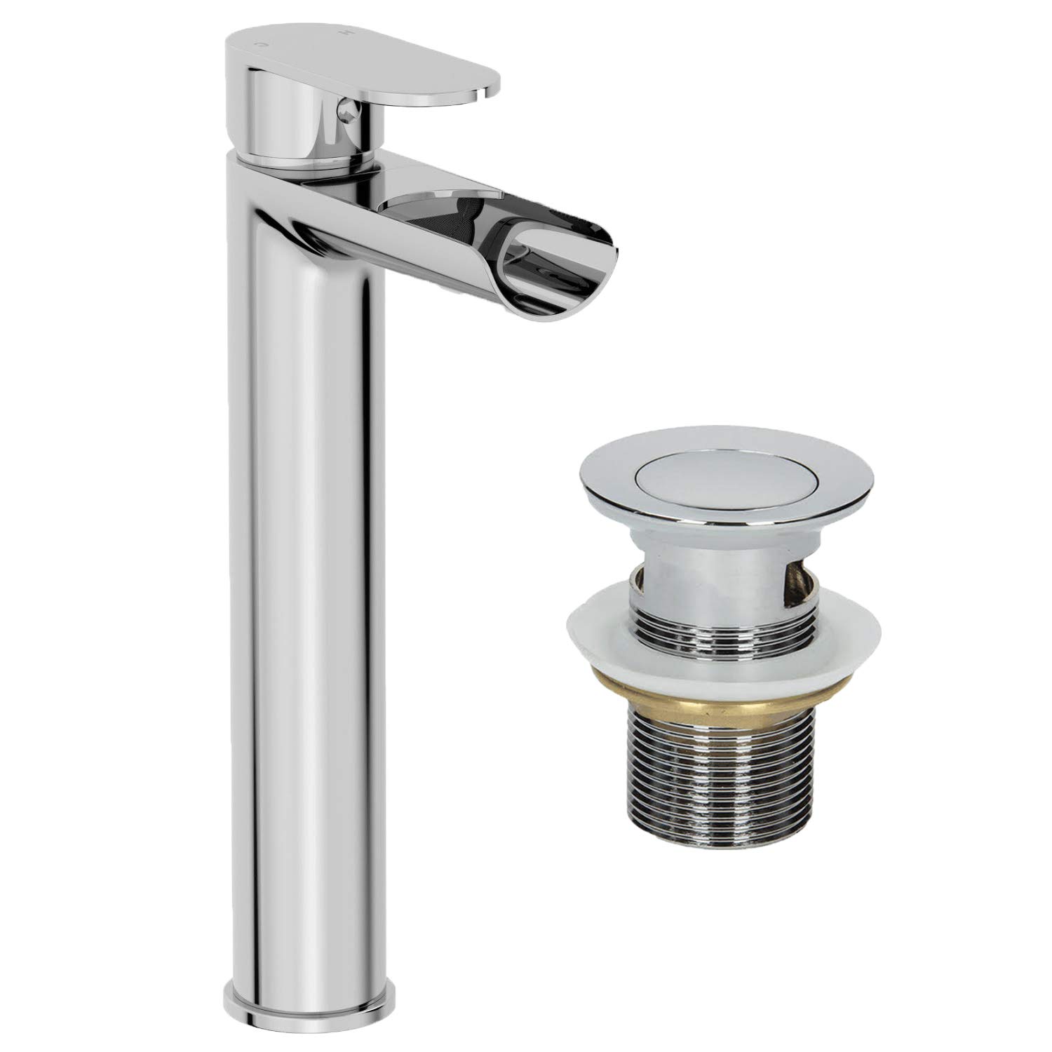 Architeckt® Edsberg Bathroom High Rise Waterfall Basin Sink Mixer Tap with Waste for Countertop Modern Mono Round Single Lever Handle Faucet for Sinks, Chrome