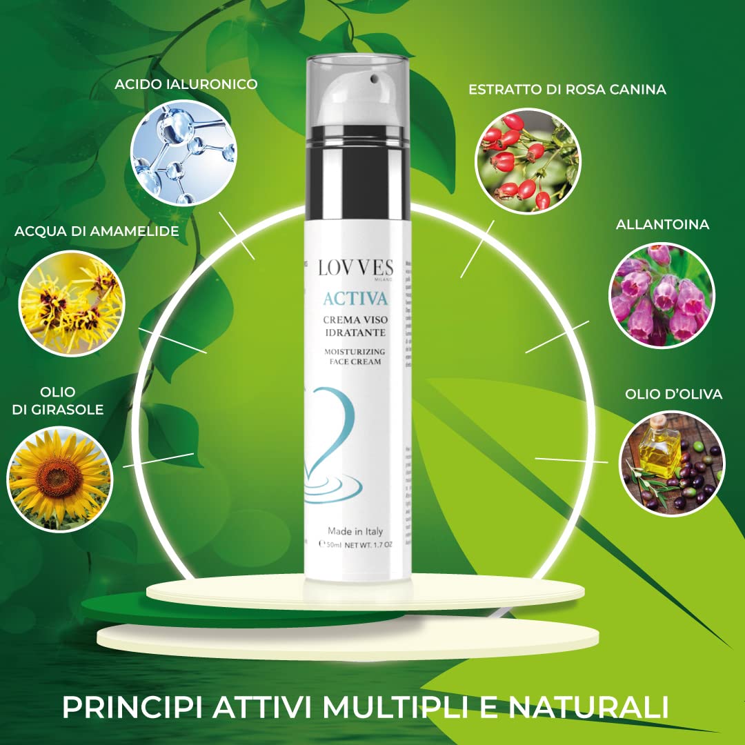 LOVVES Activa Nawilżający krem do twarzy, wysoki naturalny kosmetyk, odżywczy, odżywczy, z kwasem hialuronowym 3 masy cząsteczkowe, nadaje skórze elastyczność i jasność, butelka Airless 50 ml
