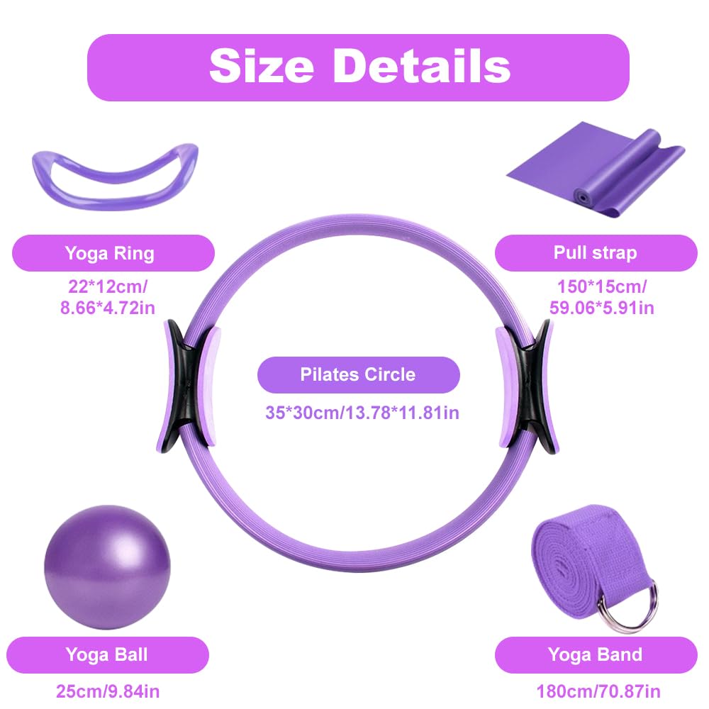 Set di Anelli per Pilates, 5PCS Kit di Anelli per Pilates, Pilates Essentials Kit, Inclusi L'anello di Pilates, Cerchia di Pilates, Palla Yoga, Cinghia Yoga E Fascia Fitness, per Esercizi