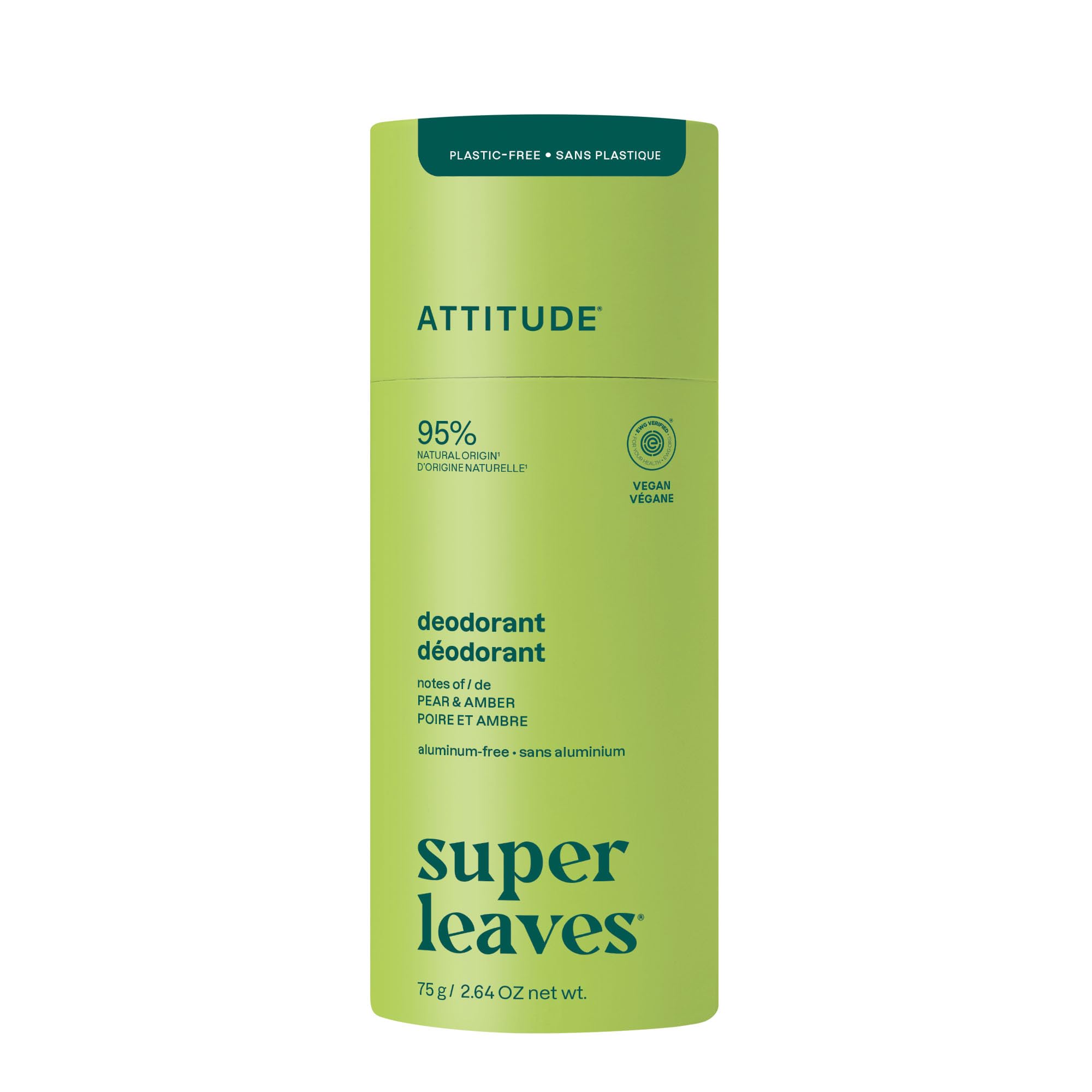 ATTITUDE Desodorante natural sin plástico, sin aluminio, fórmula de bicarbonato de sodio, verificado por EWG, vegano, protección contra olores de larga duración, pera y ámbar, 75 g