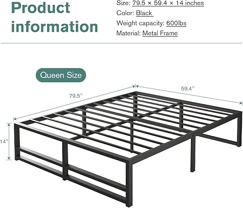Miniatura 2 de MUTICOR Base de cama Queen de plataforma de metal de 14 pulgadas con soporte de listones de acero fuerte, suficiente espacio de almacenamiento, base