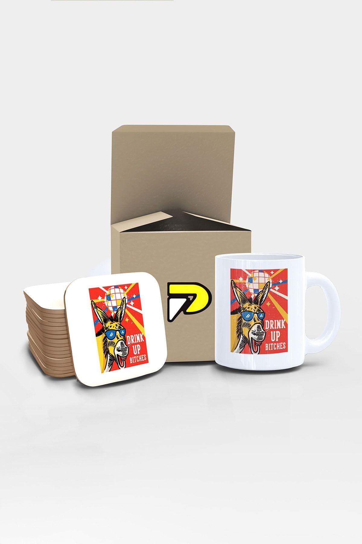Postermanya Drink Up Bitches Komik Eşek Tasarımlı Baskılı Kupa Bardak Seti, Eğlenceli Özel Hediye Mug