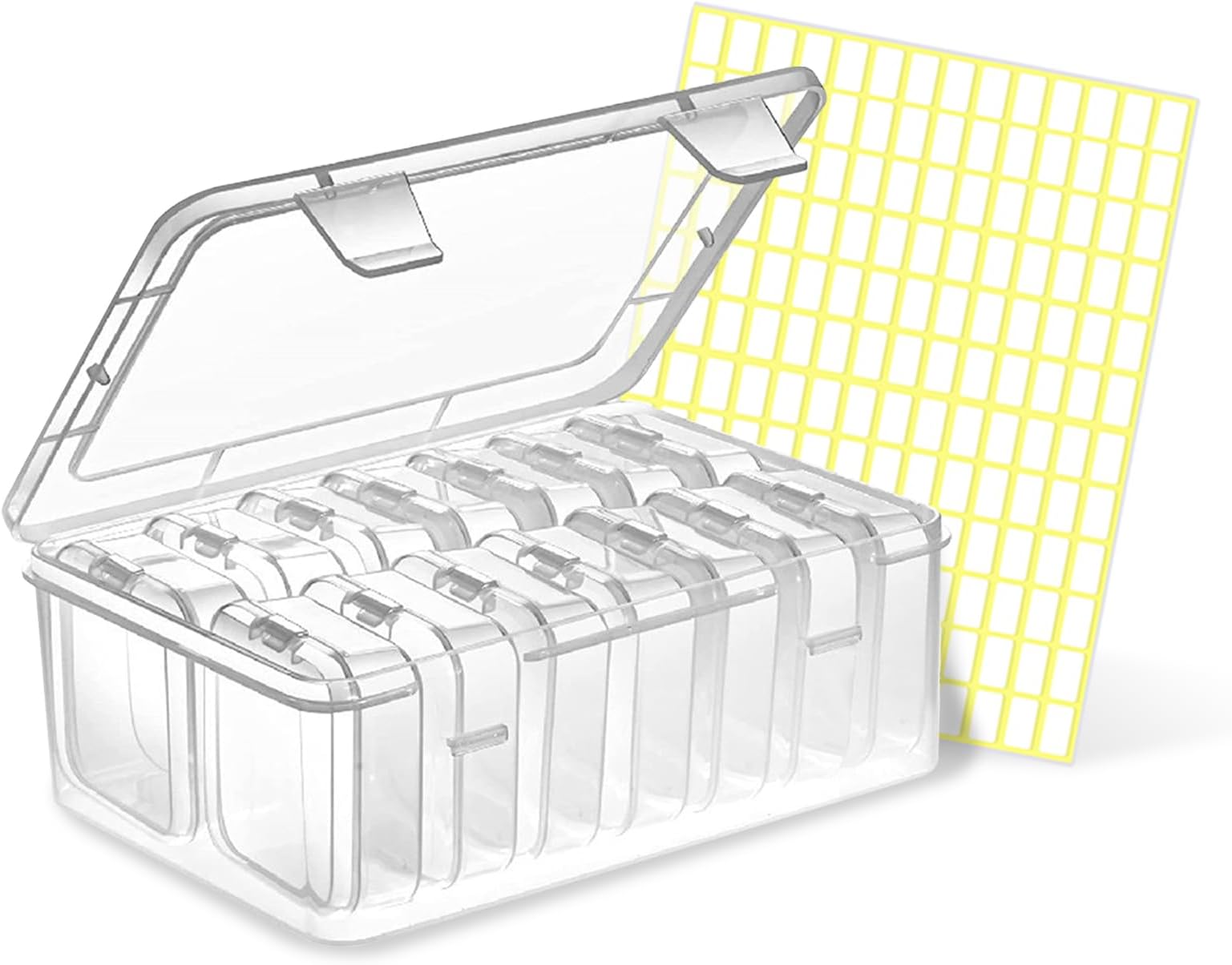 MultiValue 15pcs Clear Bead Organizer Box, Transparent Plastic Organizer Box for Jewelry Rhinestone Craft Storage Container with Hinged Lid 14 Separate Box&a Sheet(168pcs) Label Sticker (White)