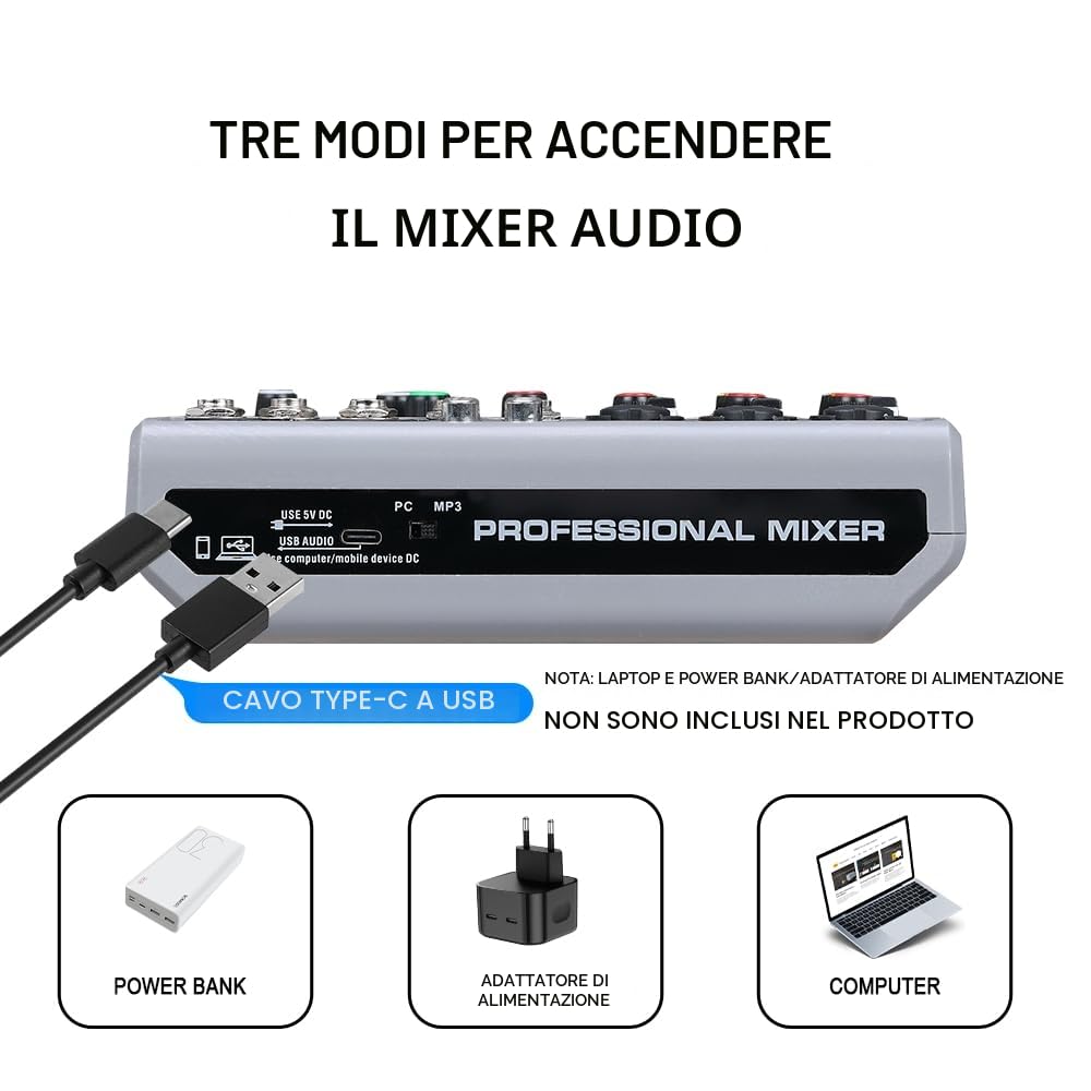 BOMGE Mixer audio, console di mixaggio con 5 canali USB digitale Bluetooth effetto ritardo eco, alimentazione phantom 48 V mixer stereo DJ per registrazione, live streaming, podcasting