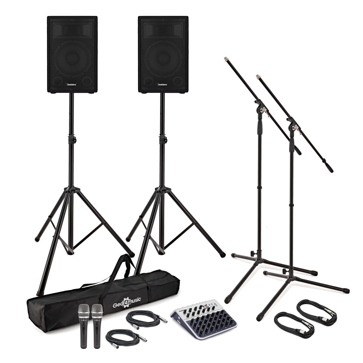 SubZero C10A Aktives PA-System mit Mikrofonen, Stativen und Mischpult | 10-Zoll-Aktives-PA-System mit Mikrofonen, Kabeln, Stativen und Mixer, Acht Leistungsstarke Kanäle, 2-Band-EQ