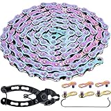 YBEKI 6/7/8/9/10/11 Speed Carbon Steel Bike Chain with Full Silver Plating, 116 Links, 3 Extra Master Links & Chain Tool - Compatible with Shimano/SRAM Mountain, Road (9 Speed, Multicolour, 1)