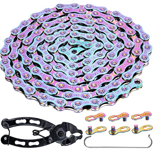 YBEKI 6/7/8/9/10/11 Speed Carbon Steel Bike Chain with Full Silver Plating, 116 Links, 3 Extra Master Links &amp; Chain Tool - Compatible with Shimano/SRAM Mountain, Road (9 Speed, Multicolour, 1)