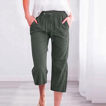 SMIDOW Capri Pants for Women Casual 2023 Summer Drawstring Elastic High Waist Linen Pant Straight Wide Leg Cropped Trouser