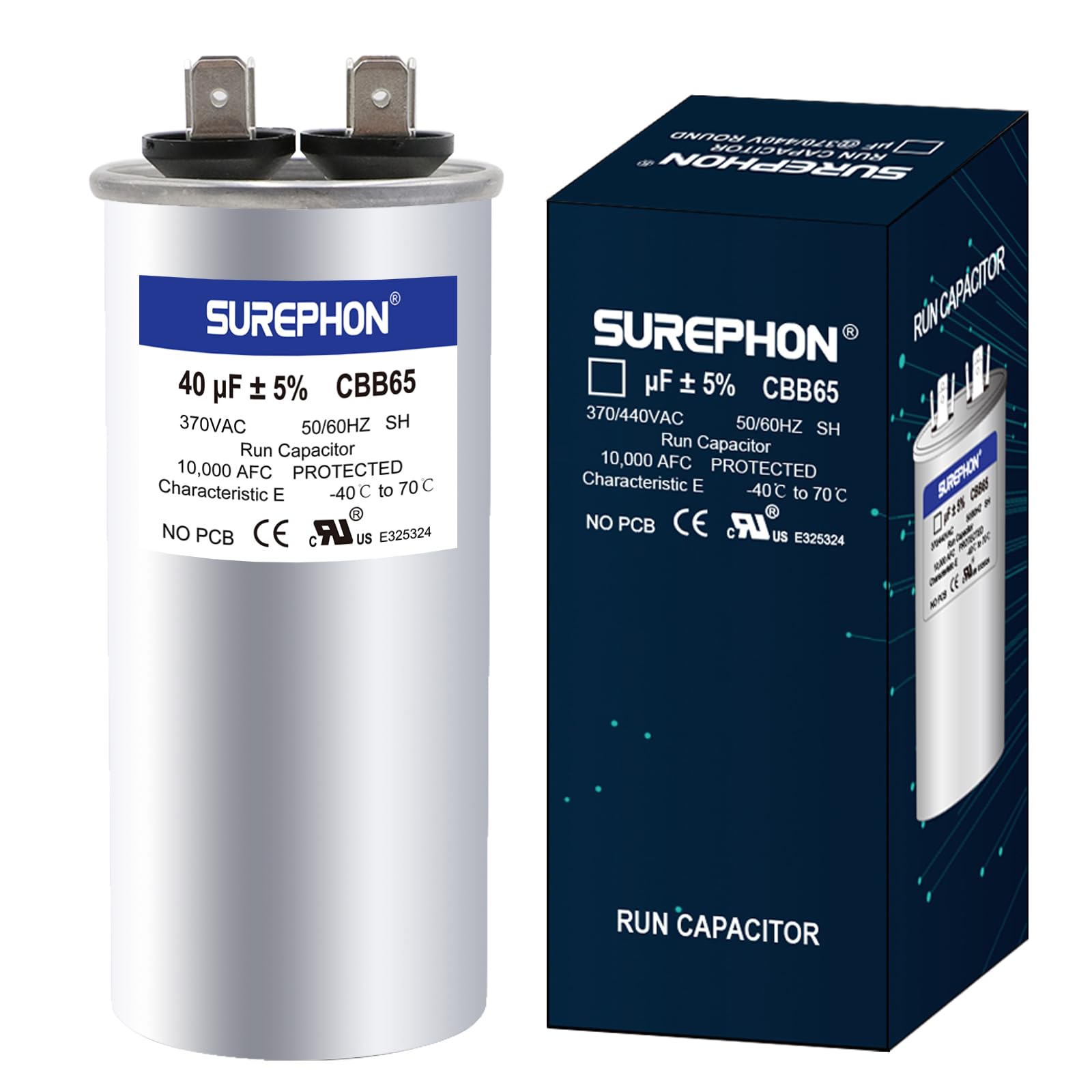 SUREPHON 40 Mfd Capacitor 370V/440V Round Run Start Capacitor for AC Motor Run or Fan Start and Cool or Heat Pump Air Conditioner