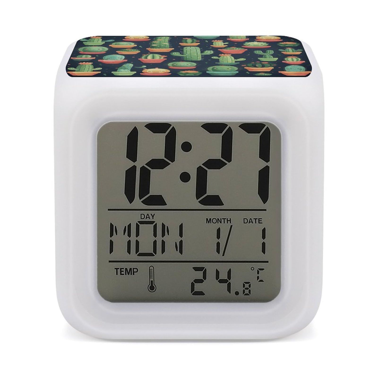 FekiLoot Cute Cactus Seamless Illustration Alarm Clock for Heavy Sleepers Wake Up Digital Clock with 7 Color Changing Night Light Super Loud Digital Alarm Clocks Small Machine Alarm Clocks