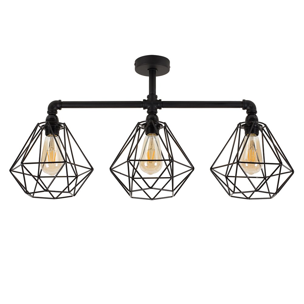 Minisun With Diablo Shades | Industrial Steampunk Satin Black 3 Way Bar Pipework Ceiling Light With Basket Cage Black Metal Shades | Pendant Lights, Home Décor & Improvement Essential | Mains Wired
