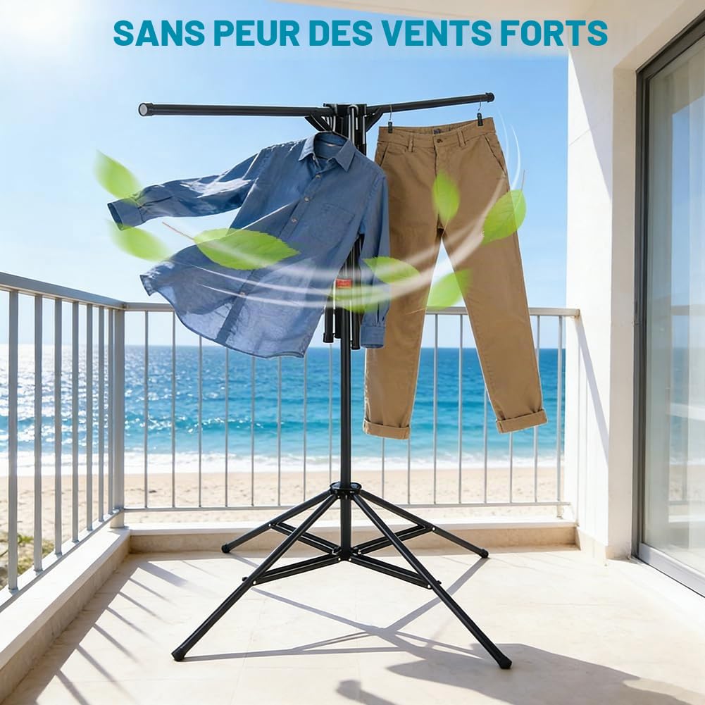 Séchoir à Linge Tour Pliable avec 6 Bras Extensibles | Hauteur Réglable 120-170 cm | Stable et Gain de Place pour Balcon, Intérieur, Extérieur (Noir)