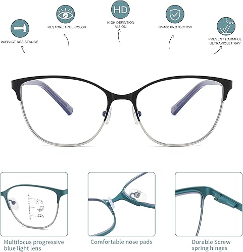 Miniatura 5 de Kafirlo Gafas de lectura multifocales progresivas para mujer, ojo de gato, sin línea, multienfoque, transición, luz azul, marco de metal para mujer