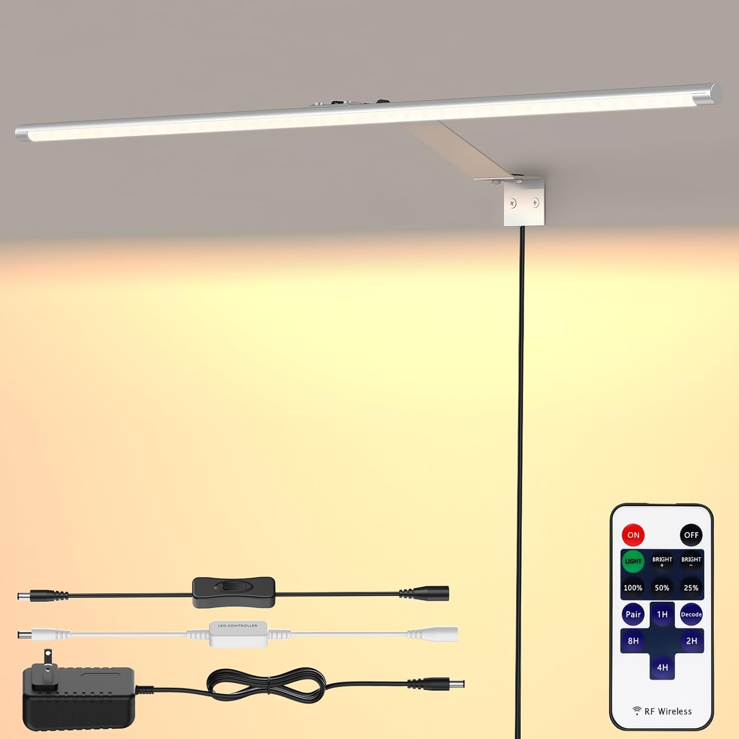 Picture Light for Wall Plug in 24inch, Dimmable LED Art Photo Light with Remote, 3000K Warm White Wall Lights with On/Off Switch Display for Picture, Gallery, Painting, Frame (Silver)