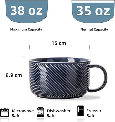 Miniatura 8 de Tazón de sopa con asa taza de sopa de gran tamaño de 38 onzas con asa, cuenco de cerámica apto para microondas para cocina, taza de sopa