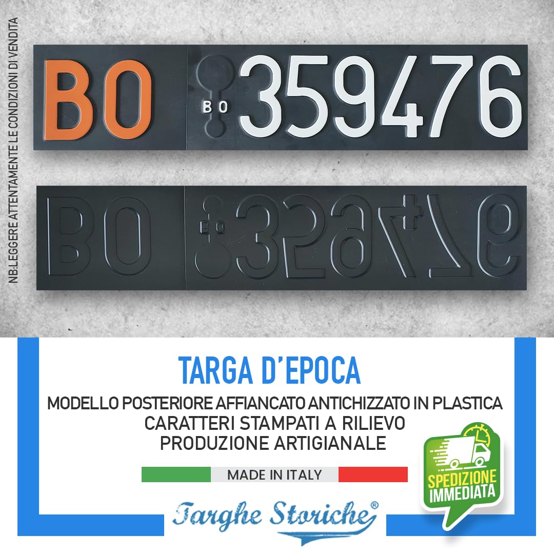 Targhe Storiche srl Targa Personalizzata - Modello Posteriore dal 1976 al 1984 – Targa d’Epoca in Plastica con Lettere e Numeri in Rilievo, Made in Italy [Affiancata Antichizzata]