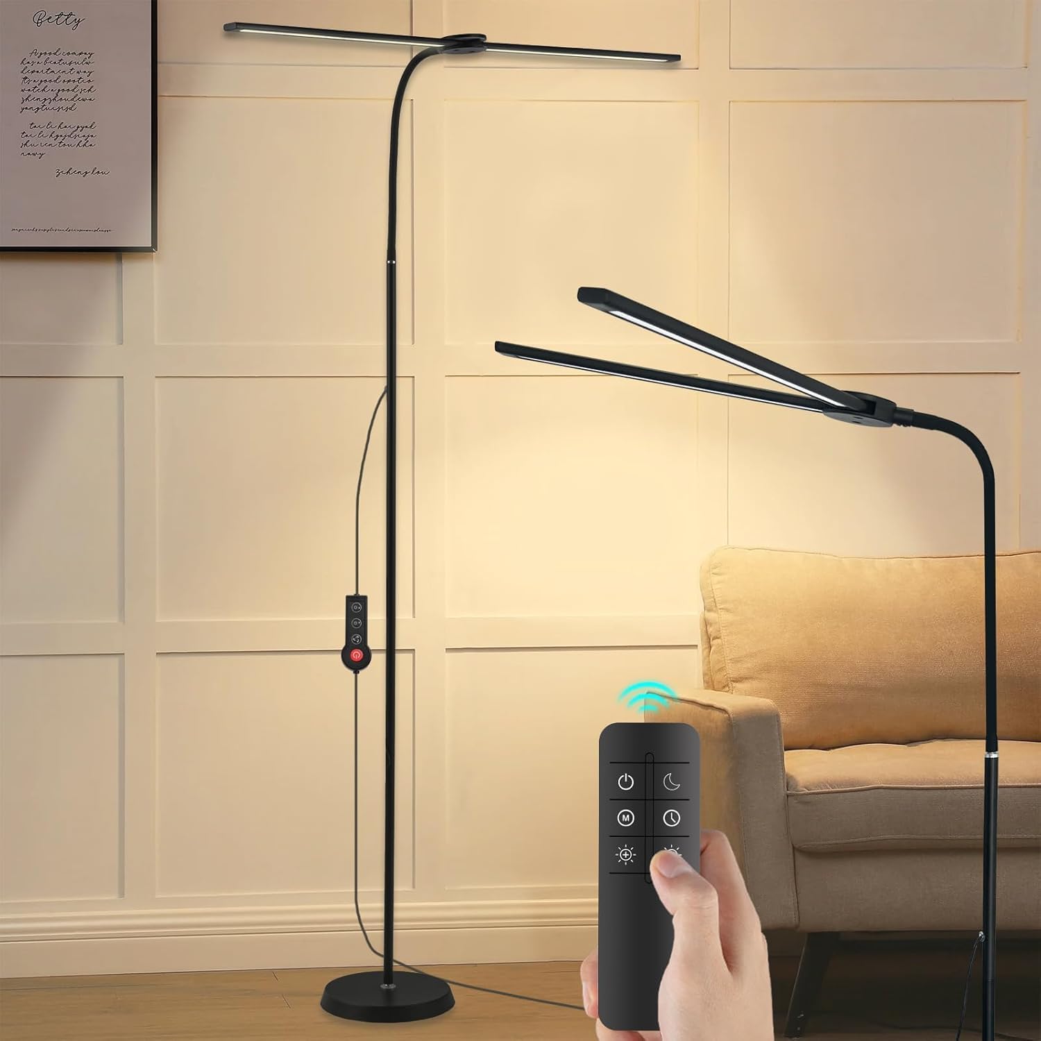 Rtrevlo Lámpara LED de lámpara de lectura de pie de 24W para altura de la sala de estar ajustable 10 colores y 6 niveles de brillo de cuello de cabecera, temporizador y memoria