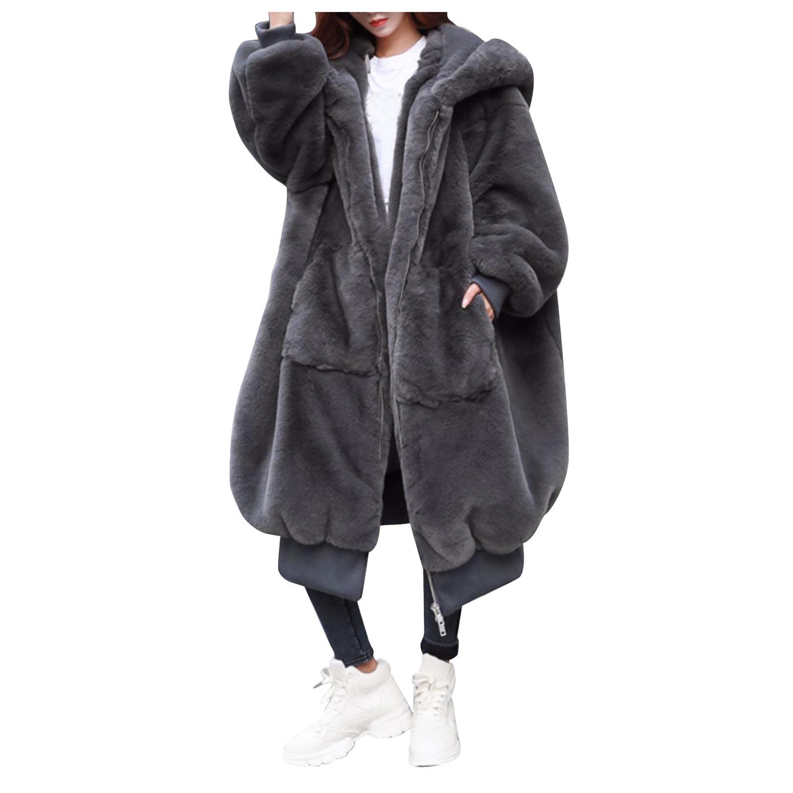Plüschjacke Damen Lang - Teddy Kapuzenmantel Winter Warm Kapuzenjacke