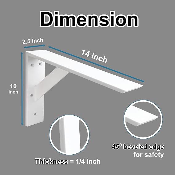 Heavy Duty Shelf Brackets 2 Pack 14 x 10 x 2.5 White Steel 3/8 Thick Countertop Support Mantel L Bracket for Wood Granite Quartz Countertop