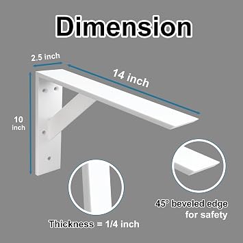 Heavy Duty Shelf Brackets 2 Pack 14 x 10 x 2.5 White Steel 3/8 Thick Countertop Support Mantel L Bracket for Wood Granite Quartz Countertop
